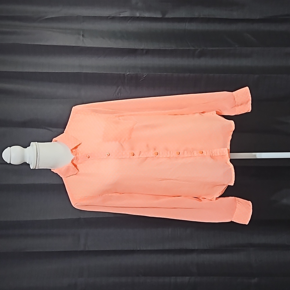 Polka dot peach button up long sleeve sheer blouse